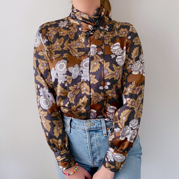 Vintage Tops - Vintage • Retro Metallic Floral & Dot Silky Blouse